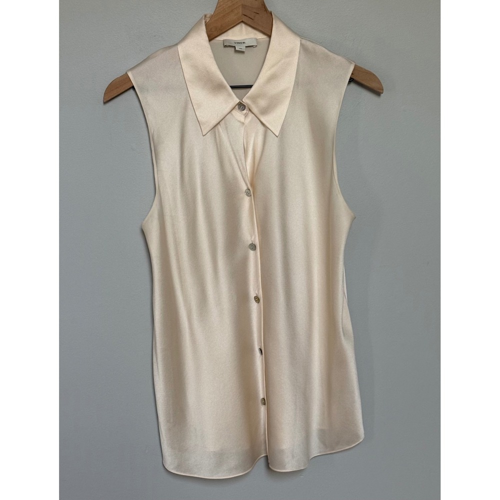 Vince Women's 100% Silk Sleeveless Button Down Blouse Top Size L Cream Ivory